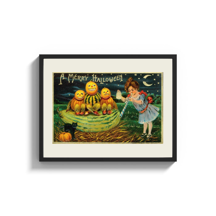 Framed Anthropomorphic pumpkin heads with girl print shown as a wide statement piece on a clean white wall