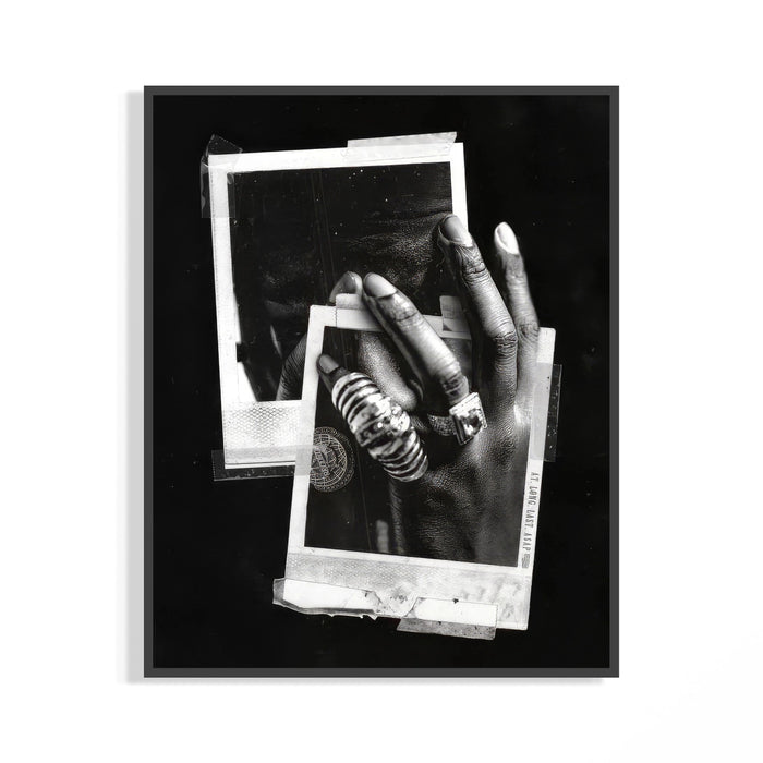 Black and white Michael Jordan six rings poster on a wall showing hands wearing championship rings