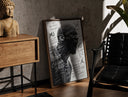 Walnut-framed Michael Jordan screaming portrait print leaning against a sunlit rustic brick wall