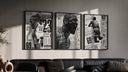 Michael Jordan basketball player triptych triptych in three black frames on a grey wall above a leather sofa