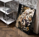 Laughing white-haired anime warrior poster in a black frame leaning beside a shelf in a raw-plaster loft