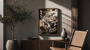 Laughing white-haired anime warrior poster framed above a fluted sideboard beside an olive tree