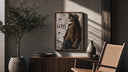 Anime pirate in straw hat poster framed above a fluted sideboard beside an olive tree