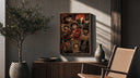 Monkey D. Luffy anime character collage poster framed above a fluted sideboard beside an olive tree