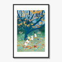 Moomins playing under autumn tree with falling leaves poster framed on a white gallery wall