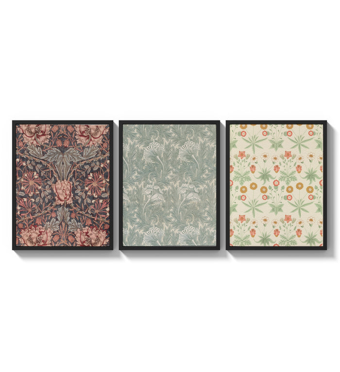 Victorian floral wallpaper patterns triptych three-panel set arranged as a triptych on a bright gallery wall
