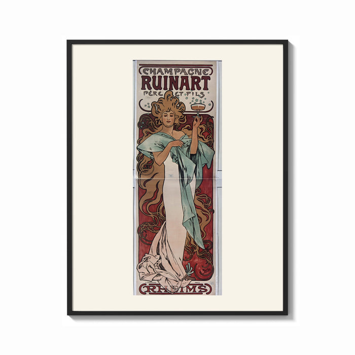 Framed Woman holding champagne glass print shown as a bold statement piece on a clean gallery wall