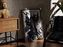 Walnut-framed Akatsuki ninja characters posing print leaning against a sunlit rustic brick wall