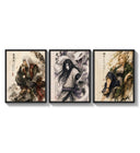 Three ninja characters triptych portrait three-panel set arranged as a triptych on a bright gallery wall