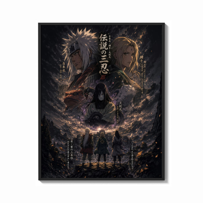 Framed Three legendary ninja anime characters print shown as a bold statement piece on a clean gallery wall