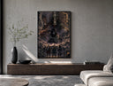 Three legendary ninja anime characters poster framed above a wood console in a concrete-wall living room