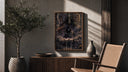 Three legendary ninja anime characters poster framed above a fluted sideboard beside an olive tree