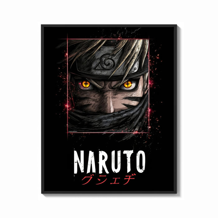 Framed Naruto Uzumaki close-up face print shown as a bold statement piece on a clean gallery wall