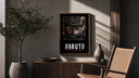 Naruto Uzumaki close-up face poster framed above a fluted sideboard beside an olive tree