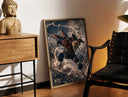 Brass-framed Blonde spiky-haired ninja lunging forward print leaning in a warm styled corner by a sculpture