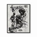 Framed NBA basketball legends collage print shown as a bold statement piece on a clean gallery wall