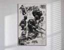 NBA basketball legends collage poster in a slim frame on a bright wall with soft window light