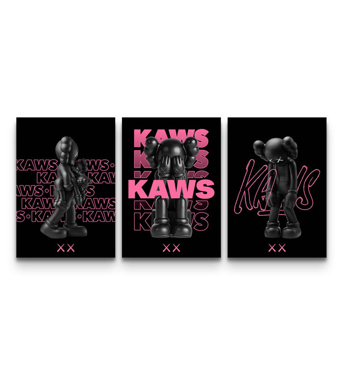 Three-panel neon pink noir KAWS XX poster set with jet-black figures and electric pink overlays