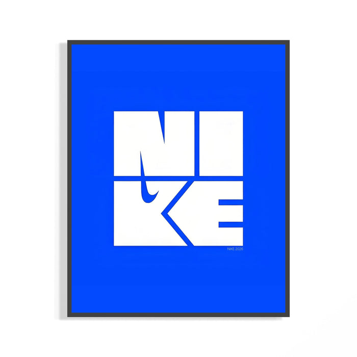 Framed Nike wordmark logo with swoosh graphic print displayed as a statement piece