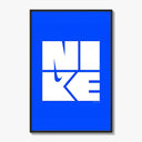 Nike wordmark logo with swoosh graphic poster framed on a white gallery wall