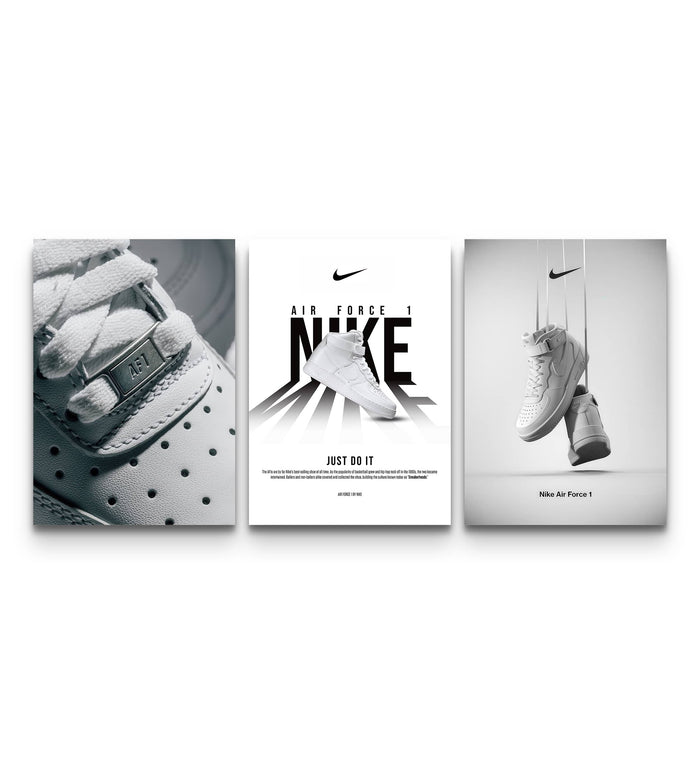 Three-panel Nike Air Force 1 Triple White Hypebeast Vol. 11 set arranged together on a wall