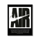 Framed Nike Air logo with swoosh print shown as a bold statement piece on a clean gallery wall