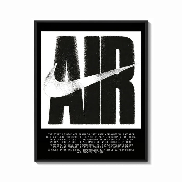 Framed Nike Air logo with swoosh print shown as a bold statement piece on a clean gallery wall