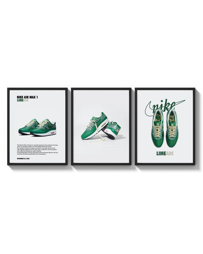 Nike Air Max 1 Limeade Sneaker Poster Set triptych arranged on a bright gallery wall