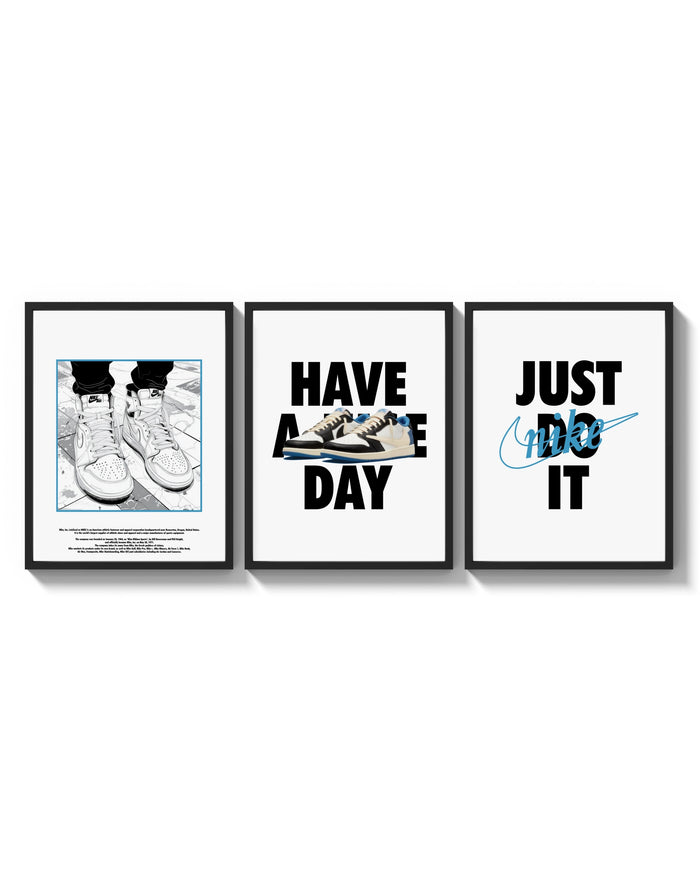 Nike "Have a Nice Day" Sneaker Poster Set of 3 arranged on a bright gallery wall