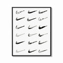 Framed Various hand-drawn Nike swoosh logos print shown as a bold statement piece on a clean gallery wall