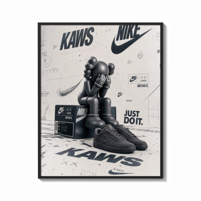 Framed KAWS Companion figure and sneaker print shown as a bold statement piece on a clean gallery wall