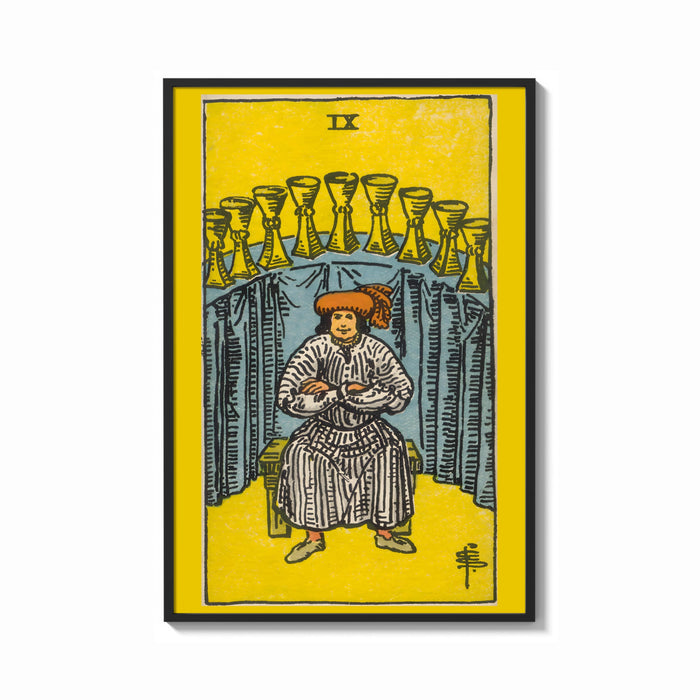 Framed Nine of Cups print shown as a bold statement piece on a clean gallery wall