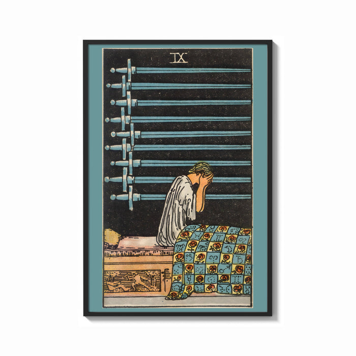Framed Nine of Swords print shown as a bold statement piece on a clean gallery wall