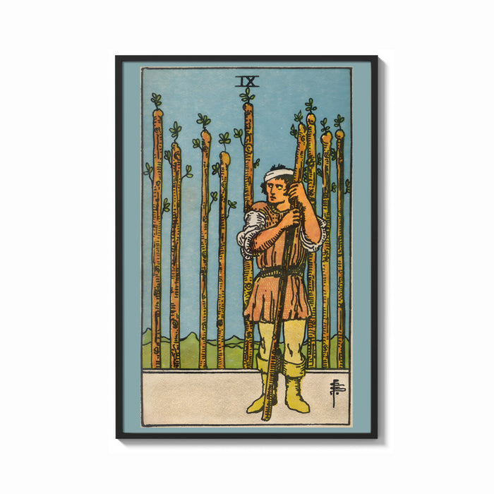 Framed Nine of Wands print shown as a bold statement piece on a clean gallery wall