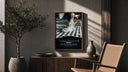 White Nike Air Force 1 sneaker poster framed above a fluted sideboard beside an olive tree