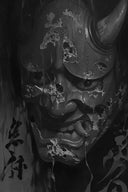 Black and white image of a detailed samurai mask with horns and intricate designs.