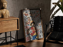 Walnut-framed Monkey D. Luffy and Chopper collage print leaning against a sunlit rustic brick wall