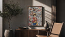 Monkey D. Luffy and Chopper collage poster framed above a fluted sideboard beside an olive tree