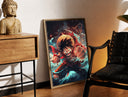 Brass-framed Anime pirate boy punching pose print leaning in a warm styled corner by a sculpture