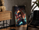Walnut-framed Anime pirate boy punching pose print leaning against a sunlit rustic brick wall