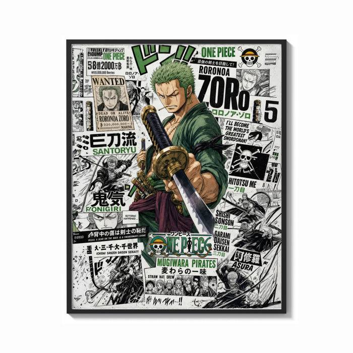 Framed Roronoa Zoro wielding katana sword print shown as a bold statement piece on a clean gallery wall