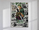 Roronoa Zoro wielding katana sword poster in a slim frame on a bright wall with soft window light