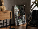 Walnut-framed Roronoa Zoro wielding katana sword print leaning against a sunlit rustic brick wall