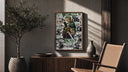 Roronoa Zoro wielding katana sword poster framed above a fluted sideboard beside an olive tree