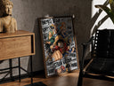 Walnut-framed One Piece Straw Hat Crew characters print leaning against a sunlit rustic brick wall