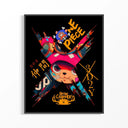 A framed One Piece Tony Chopper 3D2Y Cyberpunk Design poster featuring the anime character in bright pink and orange.