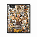 Framed Usopp sniper character collage print shown as a bold statement piece on a clean gallery wall