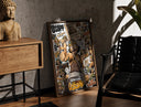 Walnut-framed Usopp sniper character collage print leaning against a sunlit rustic brick wall