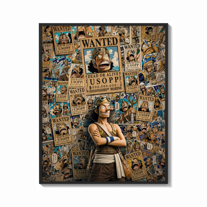 Framed Usopp with wanted posters print shown as a bold statement piece on a clean gallery wall