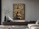 Usopp with wanted posters poster framed above a wood console in a concrete-wall living room